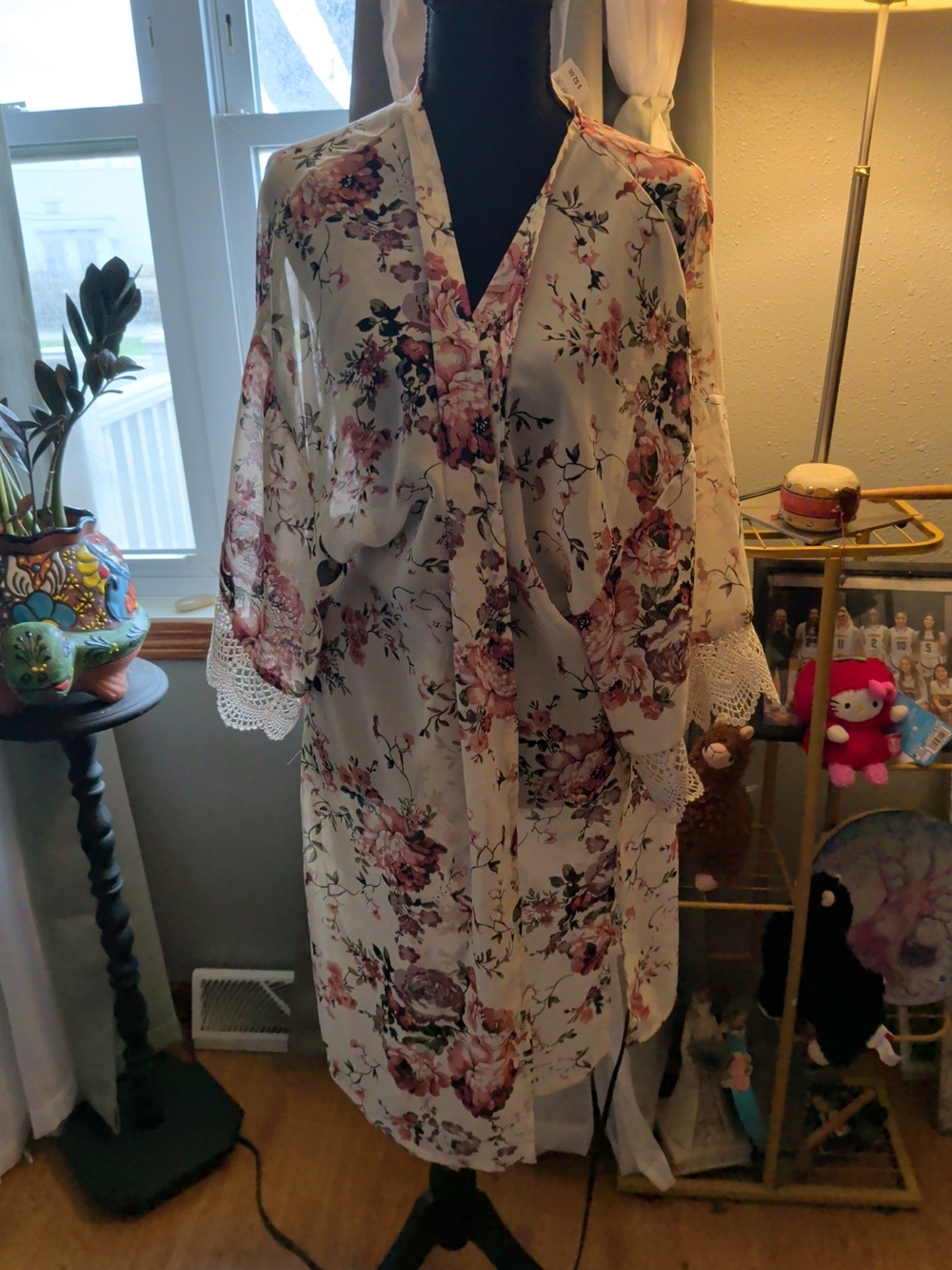 Wallflower Cream Kimono Robe with Pink Floral Print